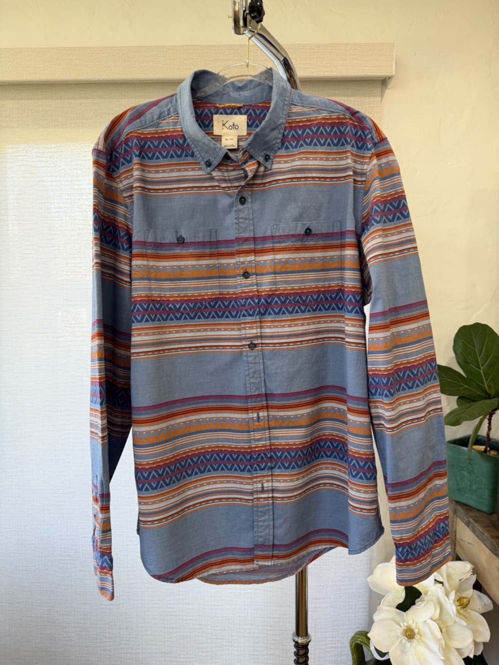 Koto Southwestern Stripe Shirt | Cotton Button Down | Size XL
